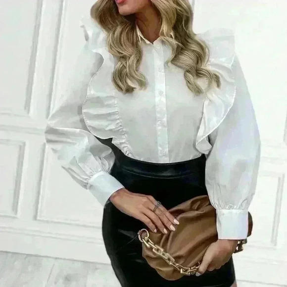 SHEIN Solid Ruffle Trim Button Up Shirt Workwear - Picture 5 of 10